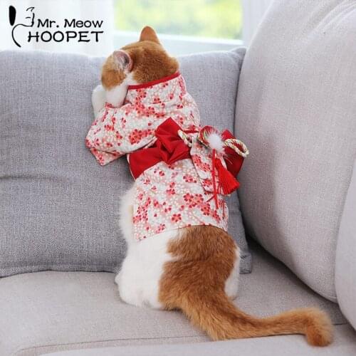 Hoopet Spring Red Suit For Cat Cherry Blossom Kimono Dresses For Pet Cat Cosplay Clothing Cat Accessories Beautiful Cat Clothes