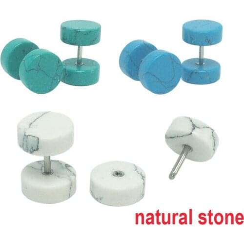 2pieces fashion mens fake ear tunnels ear plugs stud earrings natural stone blue white brincos stainless steel flesh piercing