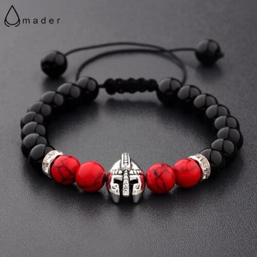 Charm Knight Warrior Gladiator Helmet Bracelet Men Natural Stone Black&Red Bead Adjustable Bracelets Wholesale