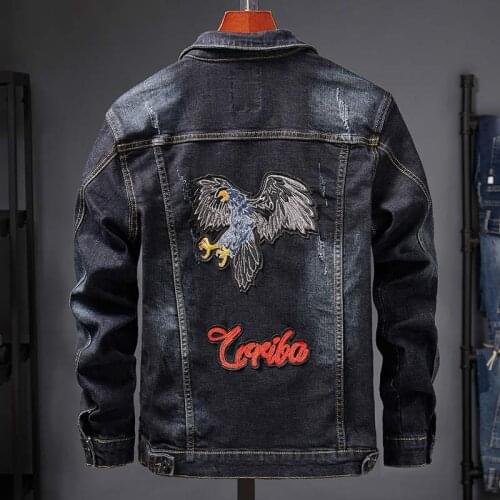 New Embroidered Denim Jacket Fashionable Mens Black Eagle Badge Pattern Slim-fit Trendy Mens Jacket Coat Spring/Autumn XL