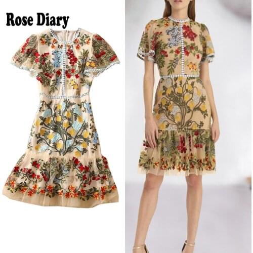 RoseDiary New 2021 Fashion Runway Summer Boho Dress Womens Flare Sleeve Floral Embroidery Elegant Mesh Hollow Out Midi Dresses