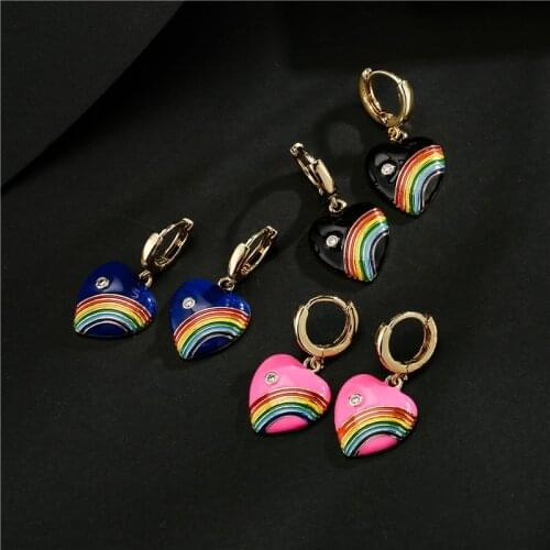 NEWBUY 2021 New Fashion Colourful Oil Dripping Heart Dangle Earrings For Women Men Unique Design Rainbow Earring Jewelry Gift