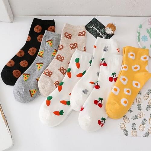 New Novelty Socks Women Cute Cartoon Fruits Food Print Happy Colorful Kawaii Korean Version Streetwear Woman Socks Size35-42