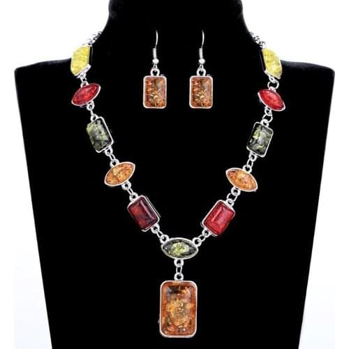 New Arrival !!! Square Oval Amber African Style Women Necklace Hook Earrings Party Jewelry Set
