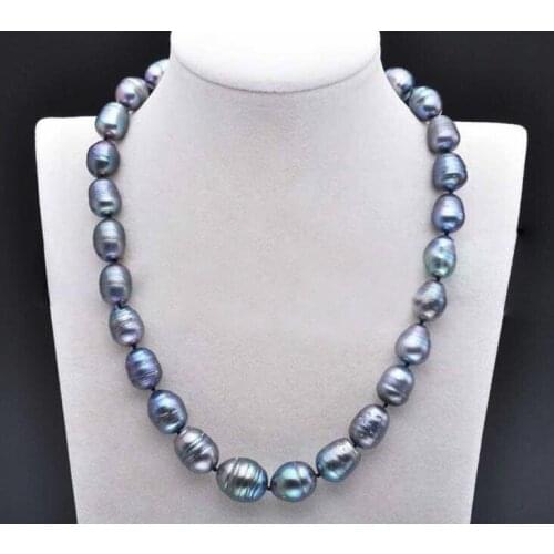 17'' 43cm Women Jewelry necklace 10x14mm black blue gray oval round pearl handmade huge necklace Real cultured freshwater pearl