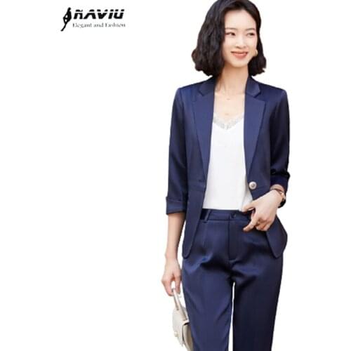 Navy Blue Suits Women Casual Fashion Temperament High End Formal Half Sleeve Slim Blazer And Pants Office Ladeis Work Wear Pink