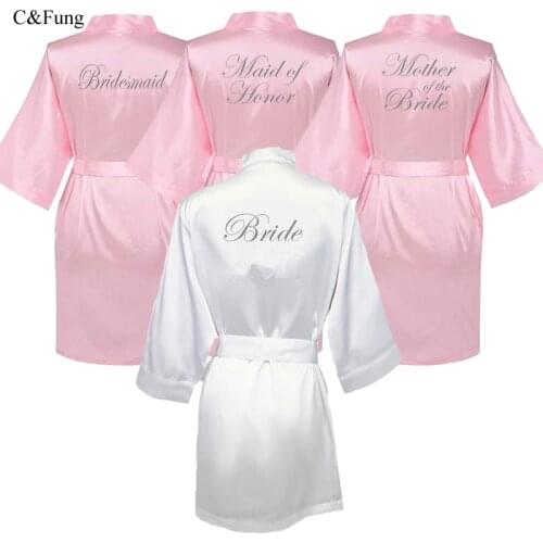 C&Fung pink robe silver writing kimono Bachelorette party pajamas wedding bridesmaid robe mother sister of the bride groom robes