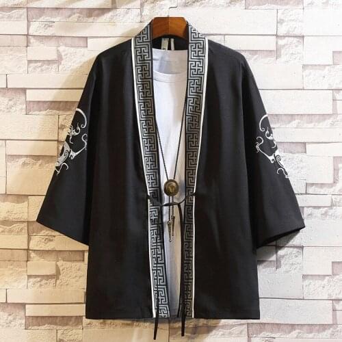 2021 Chinese Style Shirt Men Loose Cardigan Robe Japanese Crane Embroidery Three-Quarter Sleeve Hanfu Thin Mens Clothing
