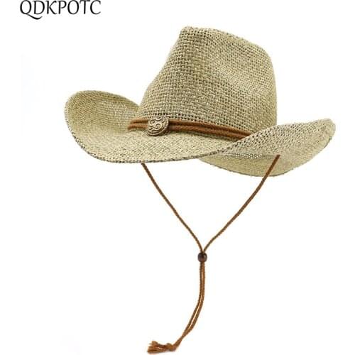 QDKPOTC 2019 New Summer Unisex Western Cowboy Hats Hollow Straw Cap With Rope Outdoor Sandy Beach Men Women Caps Sun Hats