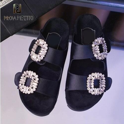 Rhinestone square buckle open toe round toe leather summer thick bottom all-match sandals and slippers women