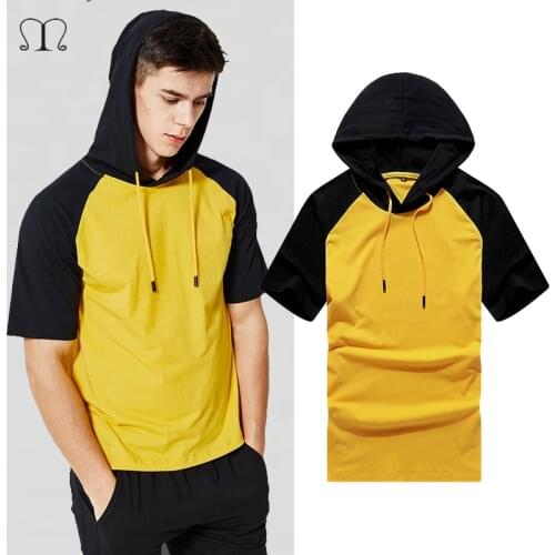 Short Sleeve Hoodies Men Fashion Patchwork Hooded Sweatshirt Top Mens Summer Moletom Masculino Fashion Hoodies Streetwear Male