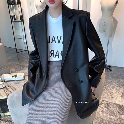 Korean 2021 New High Quality Spring Autumn Black Long Sleeve PU Leather Jacket Women Pocket Female Loose Blazer Fashion