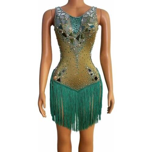 Women Green Fringes Rhinestones Mirrors Dress Birthday Celebrate Stretch Spandex Tassel Dance Bodysuit Singer Latin Dance Dress