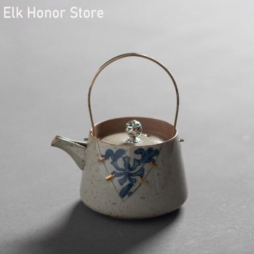 210ml Blue And White Outline In Gold Ceramic TeaPots Master Cups Handmade Arabesquitic copper Teakettle For Boiling Water Kettle