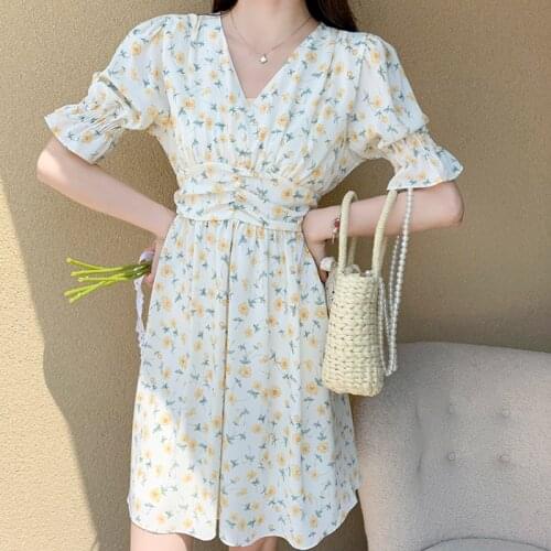 Apricot Floral Print Bubble Sleeve Women Dress Summer Fashion V Neck High Waist A-line Dress 2021 Casual Chiffon Femme Vestido