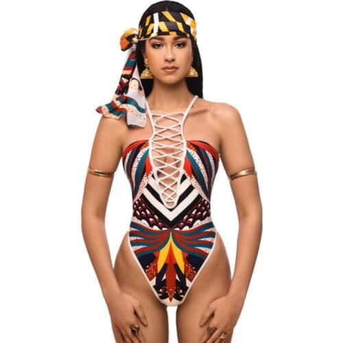 Africa Printed Tribal One Piece Swimwear Women High Cut Lace Push Up Swimsuit Ethnic Design Beachwear Women Monokini Bandage
