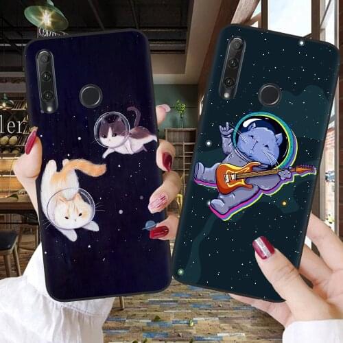 Black Phone Case For Huawei Honor 10 20 30 Lite 10i 30i 8C 8X 9X Pro 10X Lite Cartoon Animal Space Cat Soft Silicone Back Cover