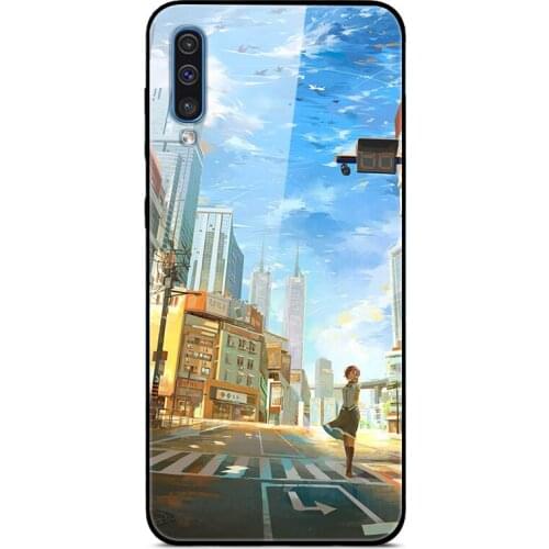 For Samsung Galaxy A50 Phone Case Tempered Glass Case Back Cover With Black Silicone Bumper Series 1