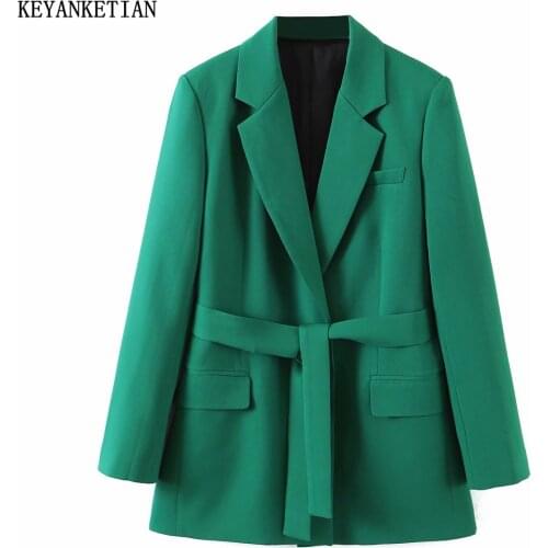 KEYANKETIAN Spring and autumn womens free belt blazer mujer retro green elegant ladies office blazer autumn chic jacket