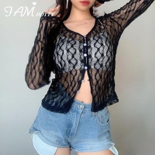 IAMHOTTY Sexy Mesh Transparent Womens t-shirt y2k Aesthetic Lace Patchwork Vintage Long Sleeve Top Tees Single Button Clothes
