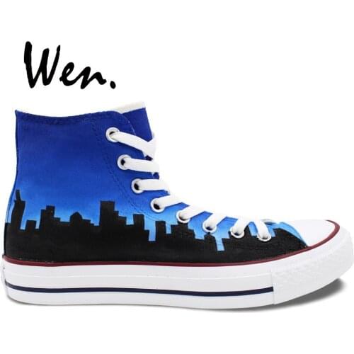Wen Design Custom Hand Painted Shoes Chicago Flag City Skyline Men Womens Blue High Top Canvas Sneakers