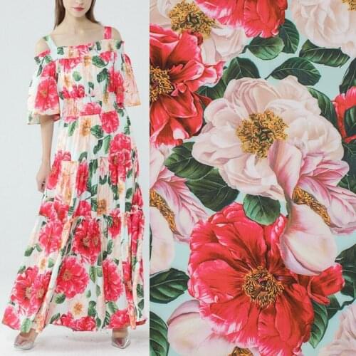 Chinese Rose On Cyan Digital Printing Satin Fabric For Dress Tissus Au MÈTre Telas Por Metro Ткань Для Шитья Sewing Tissu Tela