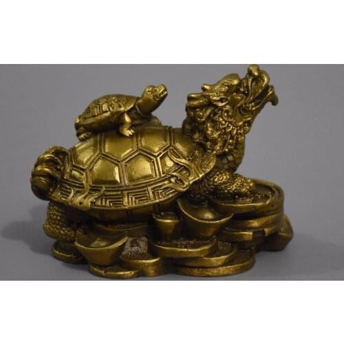 Chinese Feng Shui Pure Brass Wealth Coin Yuan Bao Dragon Turtle Tortoise Statue