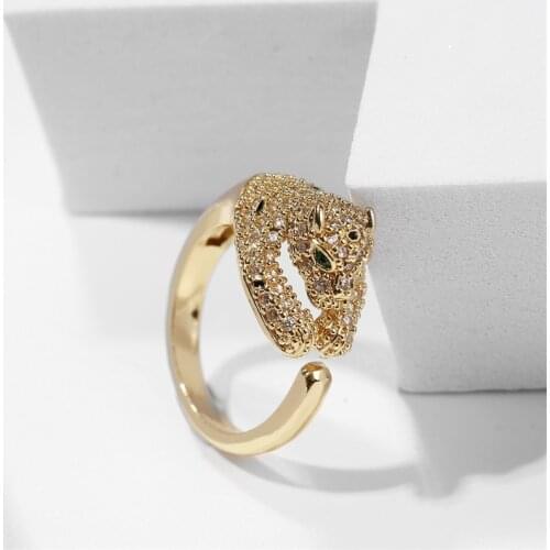 Fashion 3D Stereo Animal Leopard Adjustable Opening Gold Color Copper Metal CZ Cubic Zirconia Zircon Rings For Women Men Jewelry