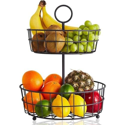 Hot-2 Tier Fruit Iron Wire Basket Sundries Snacks Tray Household Hollow Kitchen Metal Wire Storage Rack Counter Fruit Basket