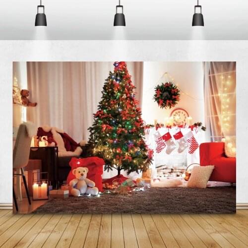 Laeacco Christmas Tree Fireplace Photo Backdrop Interior Photocall Poster Family Child Sofa Toys Photography Background Banner