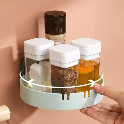 Wall-Mounted Rotating Tray Kitchen Seasoning Rack Groove Hooks Bathroom Storage Makeup Organizer Shelf Storage Container