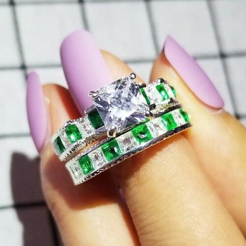 2021 new luxury green blue color princess wedding ring set for women lady anniversary gift jewelry bulk sell christmas R5835