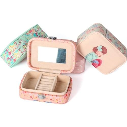 New female beautiful girl pattern PU leather portable makeup jewelry storage box earring buckle storage box mirror birthday gift