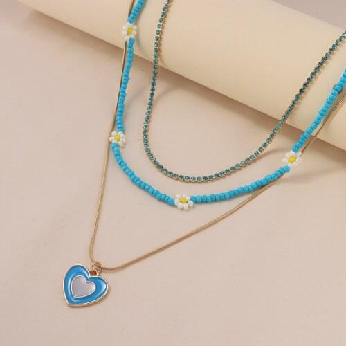 Handmade Small Daisy Bead Necklace for Women Multicolor Enamel Heart Pendant Necklace Crystal Tennis Chain Choker Couple Jewelry
