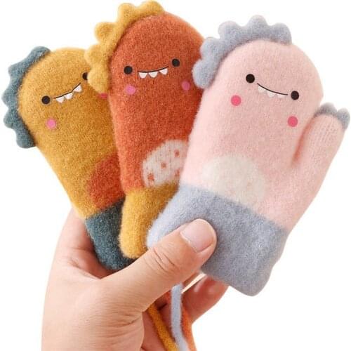 Winter Warm Children Gloves Cute Cartoon Dinosaur Baby Mittens Knitted Boy Girl Full Finger Gloves For 1-6 Year Baby Accessories