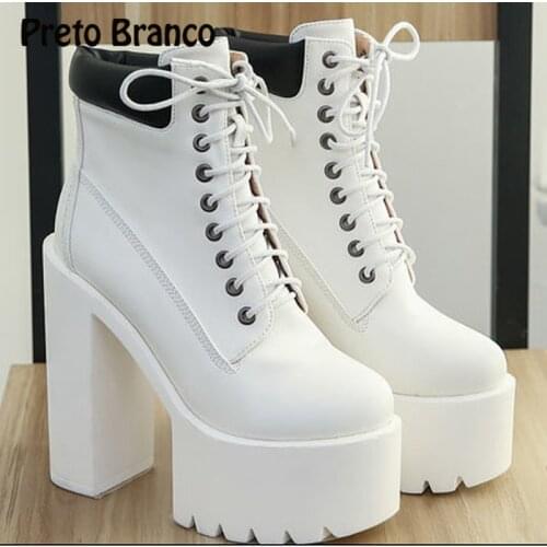 PRETO BRANCO Womens Club Boots Casual Shoes Super High Waterproof Platform Round Head Matching Lace High Heel Boots JXQ-5810