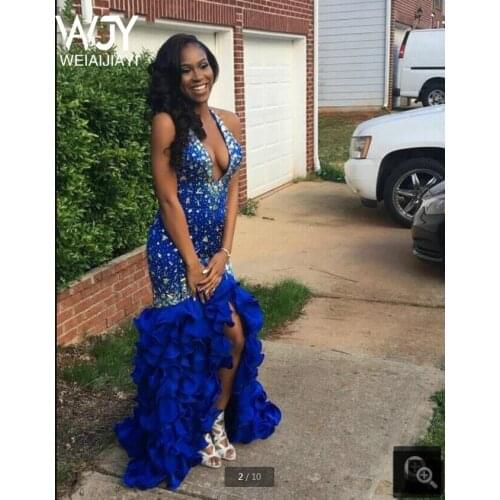 Luxury Halter Backless Open Back Mermaid Trumpet Sexy Royal Blue Prom Dresses Shiny Puffy Skirt Formal Evening Gowns Dress 2021