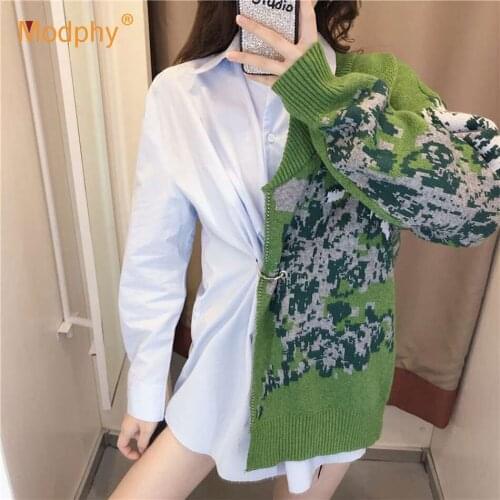 Chic Womens Fake Two-piece Shirt Casual Lapel Long Sleeve Shirt Stitching Sweater Fashion Irregular Shirt Womens Autumn 2020