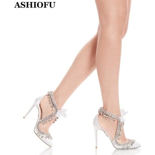 ASHIOFU Handmade New Ladies High Heel Pumps Crystals Jewelry Wedding Party Dress Shoes Bowtie Sexy Evening Fashion Court Shoes