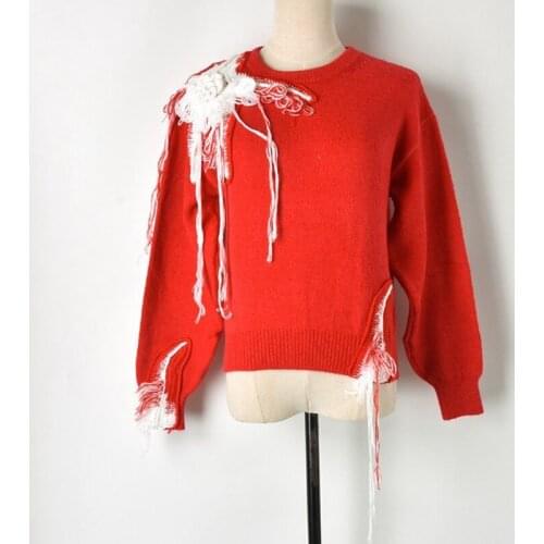 Europe Runway Red High Waist Jumper Top 2018 New White Flower Crochet Tassel Knitted Sweater Women Cropped Sweet Pullover