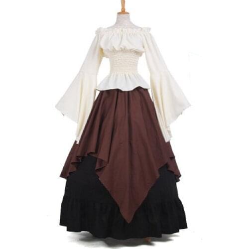 Halloween Renaissance Costume Women Medieval Dress Gothic Victorian Fancy Dresses Cosplay Chiffon Tops and Cotton Skirt
