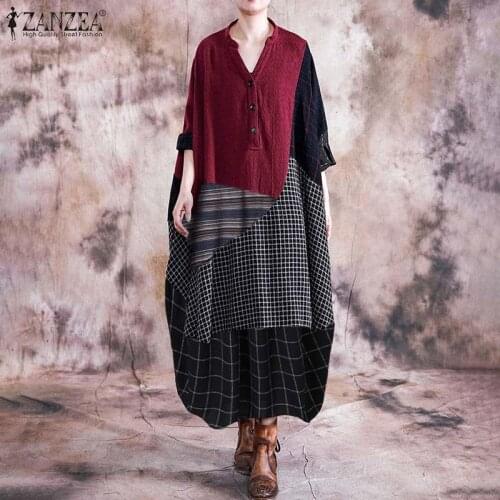 ZANZEA Women V Neck Long Sleeve Pacthwork Dress Spring Vintage Plaid Checked Sundress Cotton Linen Vestido Robe Long Shirt Dress