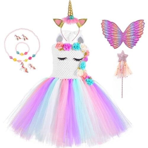 2021 Kids Rainbow Unicorn Dress with Flower Angel Wings Party Dress for Girl Princess Costume Cosplay Pony Ball Gown Baby Cloth