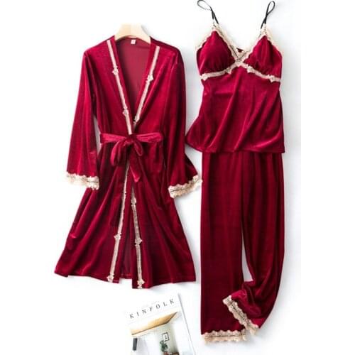 3PCS Pajamas Sets Burgundy Velour Sleep Suit Sexy Womens Nightwear Casual Lace Sleepshirt Spring Nightgown Home Clothes