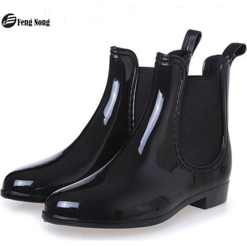 Feng Nong Spring Winter Boots Brand Design Ankle Boots Rain Boots Elastic Band Shoes Woman Solid Rubber Waterproof Flats Cd609