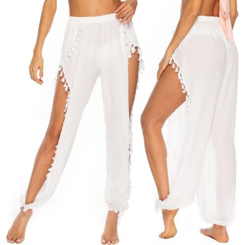 HUAN BEAUTY New Sexy Pants Women Beach Chiffon Pants Split Loose Wide Leg Pants Sea Holiday Tassel Bundle Trousers HBP302