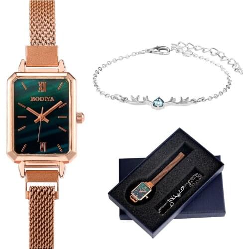 Green Square Romen Nemerals Dial Ladies Quartz Watch Practical Magnetic Button Women Silver Bracelet Anniversary for Girlfriend