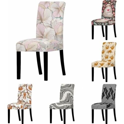 Cartoon Animal Chair Cover Abstract Leaves Stretch Seat Cover For Home Dining Living Room Elastic Black White Chair Seat Cover