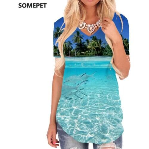 SOMEPET Fish T-shirt women Animal T-shirts 3d Ocean Shirt Print Coconut Tree V-neck Tshirt Womens Clothing Punk Rock Cool Style