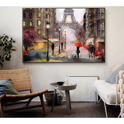 Romantic City Pedestrian Paris Eiffel Tower Landscape Abstract Oil Painting on Canvas Poster Print Wall Picture for Living Room